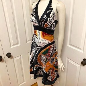 Cache 100% sill halter top babydoll dress / tunic yellow black white orange sz 4